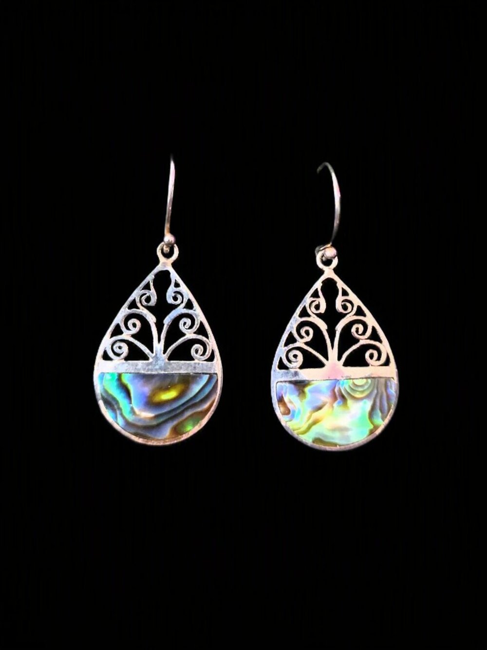 Vtg 90s Sterling Silver Bali Abalone Shell Inlay Filigree Drop Earrings Boho ATI